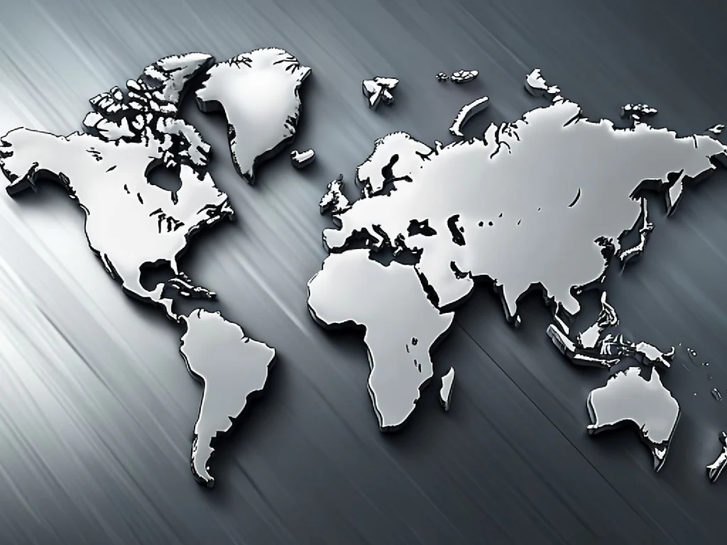 3D Metallic World Map Digital Art Print - Modern Metal Globe Wall Decor