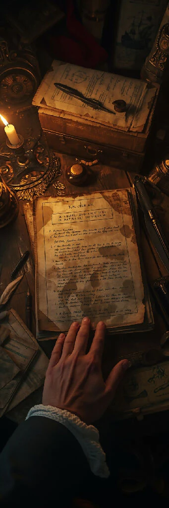A 1700s wooden desk lit by candlelight inside a naval office. Maps, quills, and ink pots scatter the surface. In the center, a stack of weathered reports lies open — handwritten accounts describing a ghostly ship seen at sea. One parchment reads: “A vesse