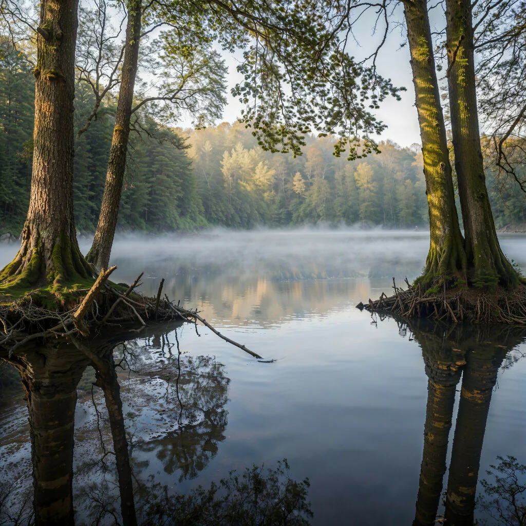 A beautiful English woodland lake with a morning mist over the water 3