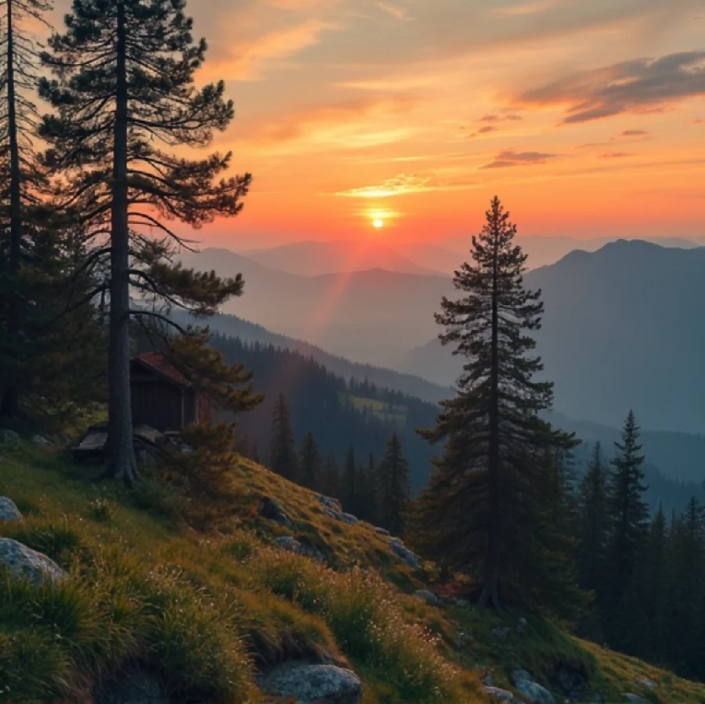 A cabin in the mountains at sunset - Image 2