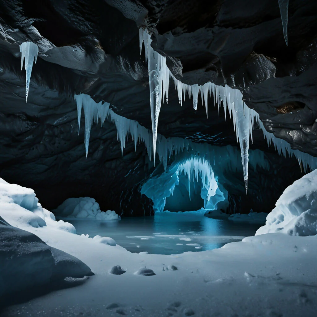 A cave entrance surrounded by icicles and snow
