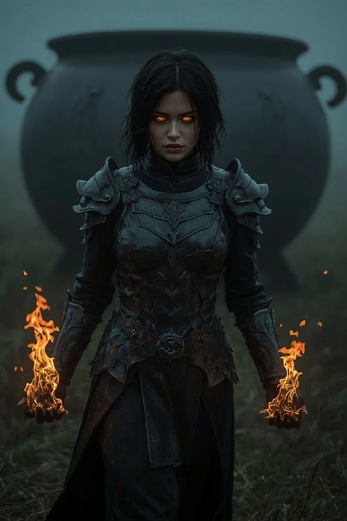A close-up of a woman goddess with glowing eyes