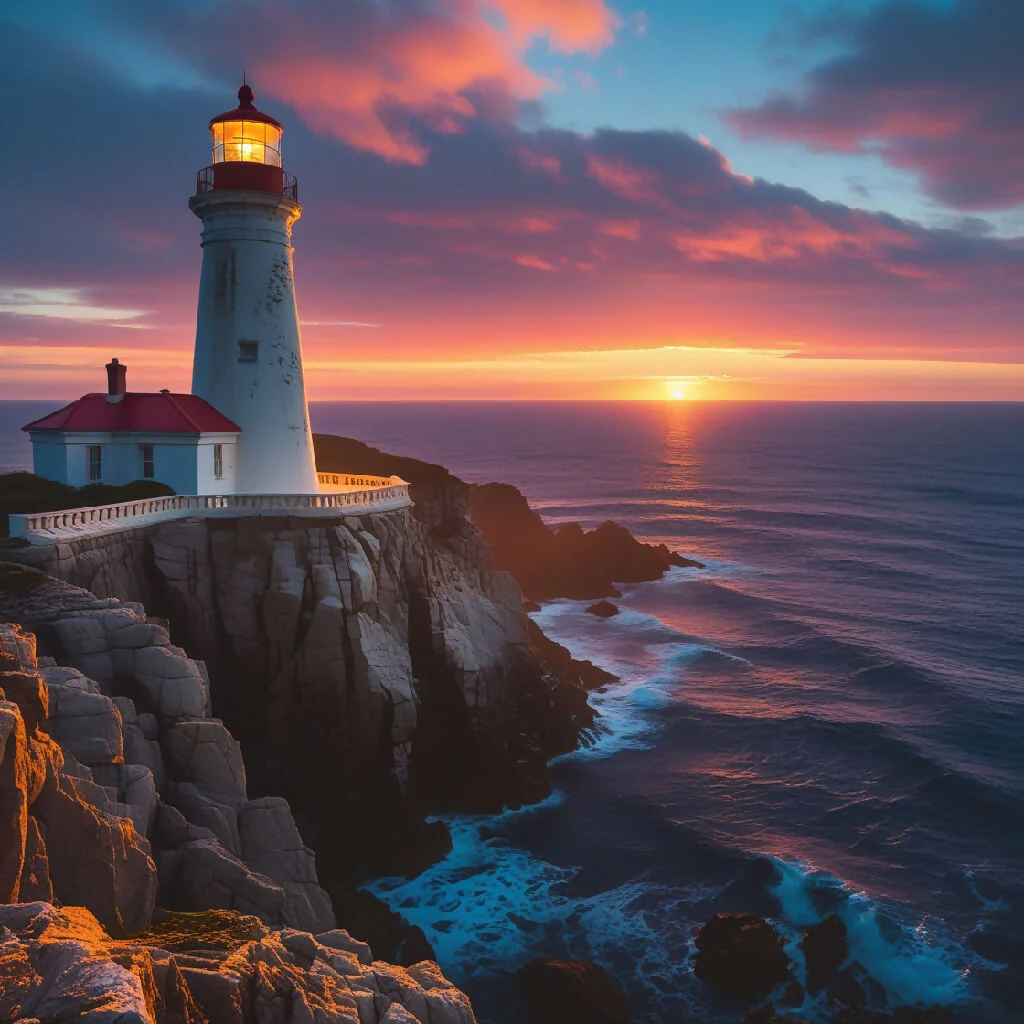 A coastal lighthouse perched on rocky cliffs at sunset