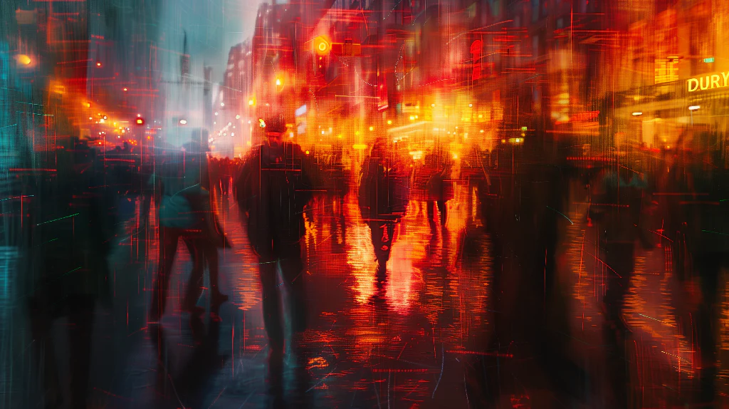 A colourful bustling city street under heavy rain