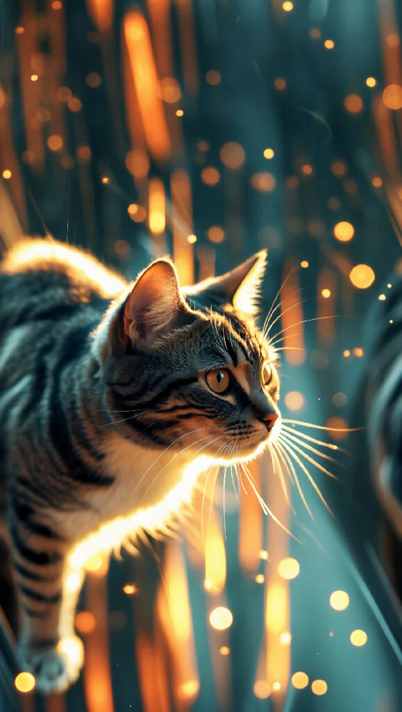 A curious cat confidently striding down a serene morning-lit hallway