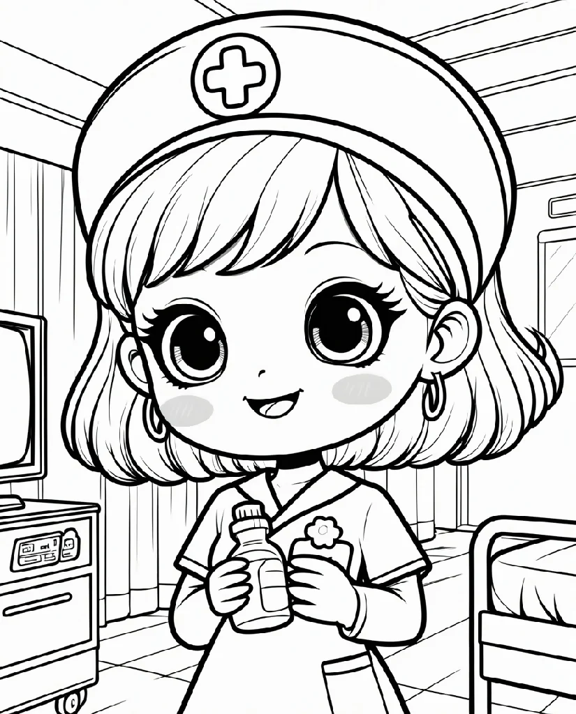 A cute kawaii-style nurse as a coloring page