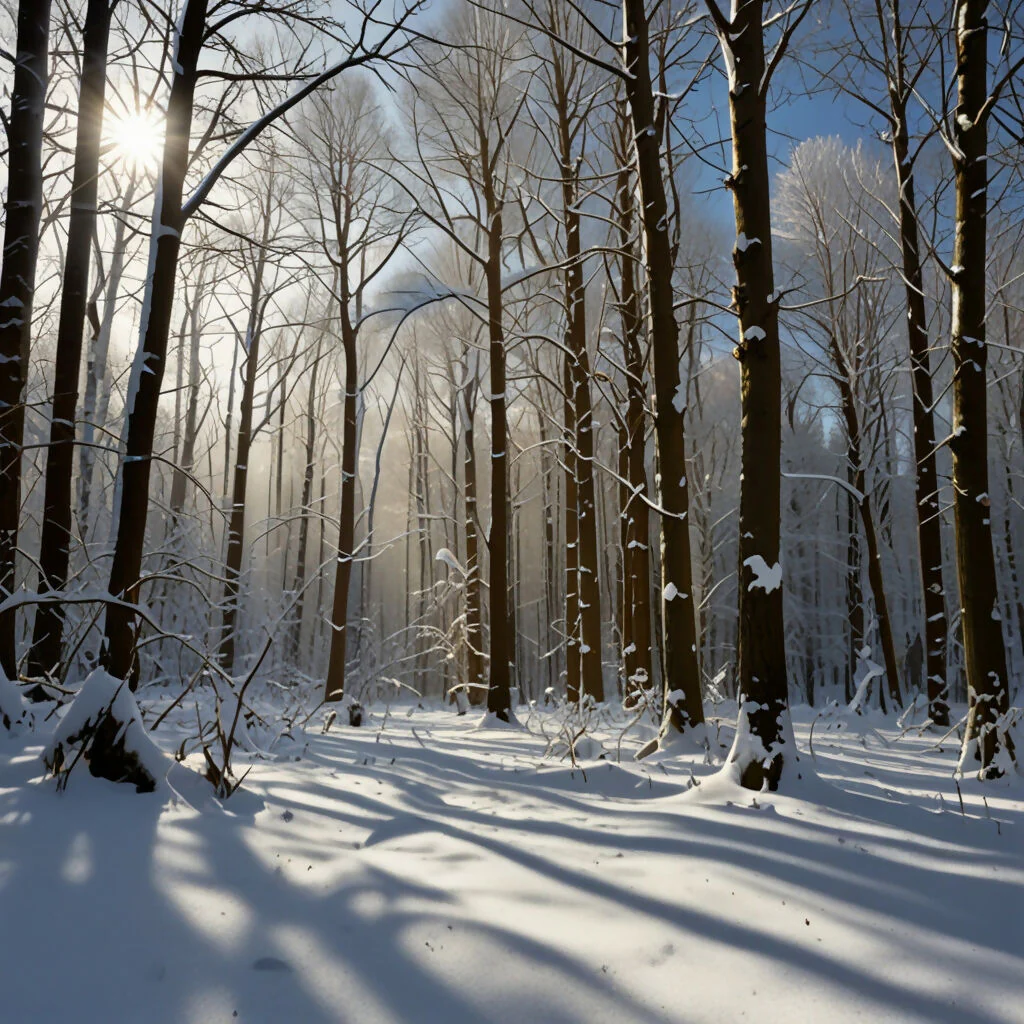 A dense forest blanketed in fresh snow with sunlight filtering through the trees