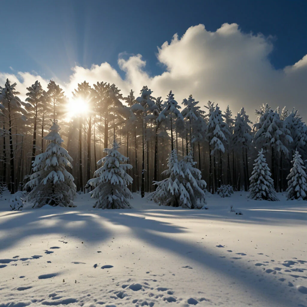 A dense forest blanketed in fresh snow with sunlight filtering through the trees - Image 2