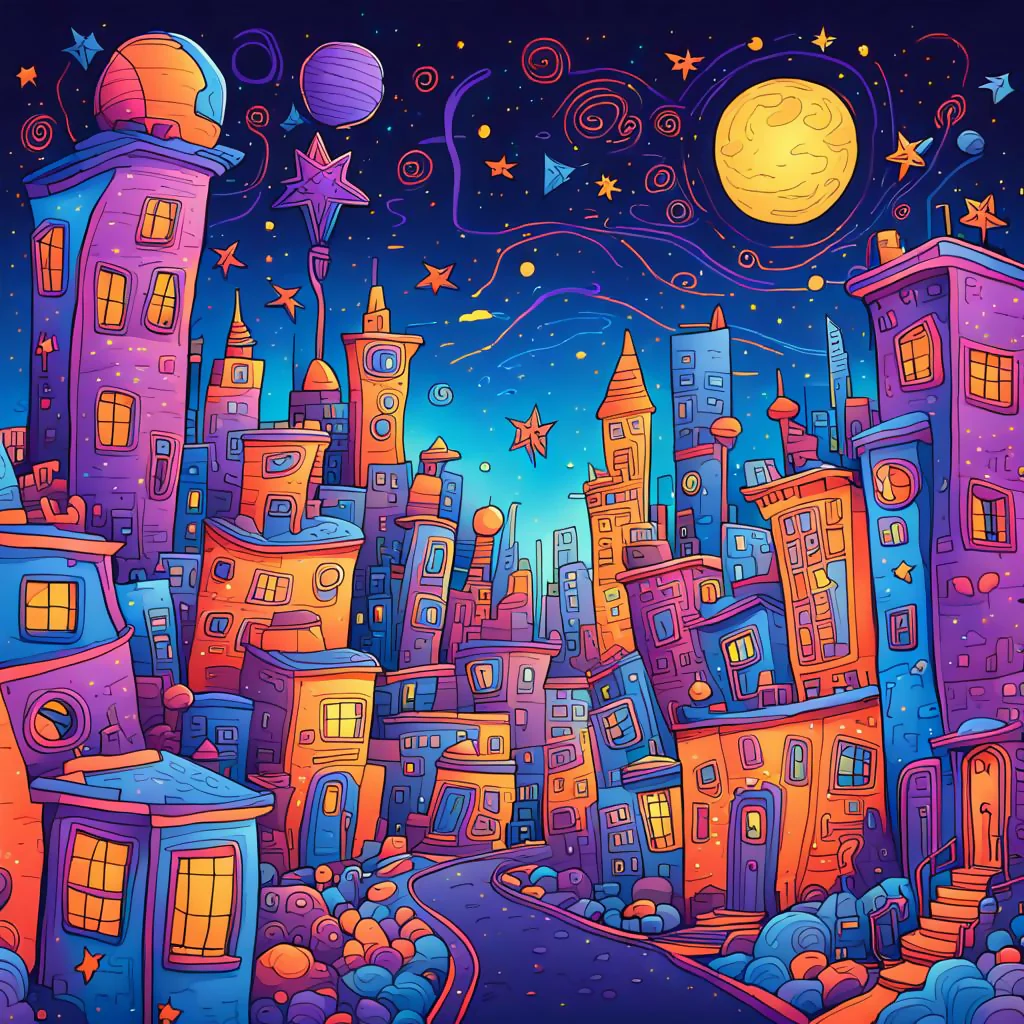 A doodle-filled city with wacky buildings