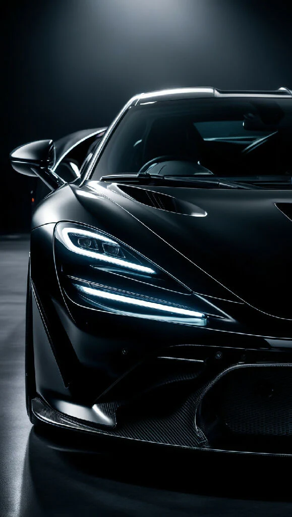 A dramatic close-up of a sleek black supercar under low light