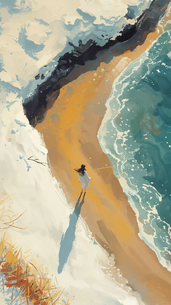A dreamy pastel hand brush impressionist painting of landscape in sanin coast japan where snow, bright brown yellow sand and sea meet, one japanese woman walking barefoot in the middle, make it more contrast and detailed cinematic, winter season, make the