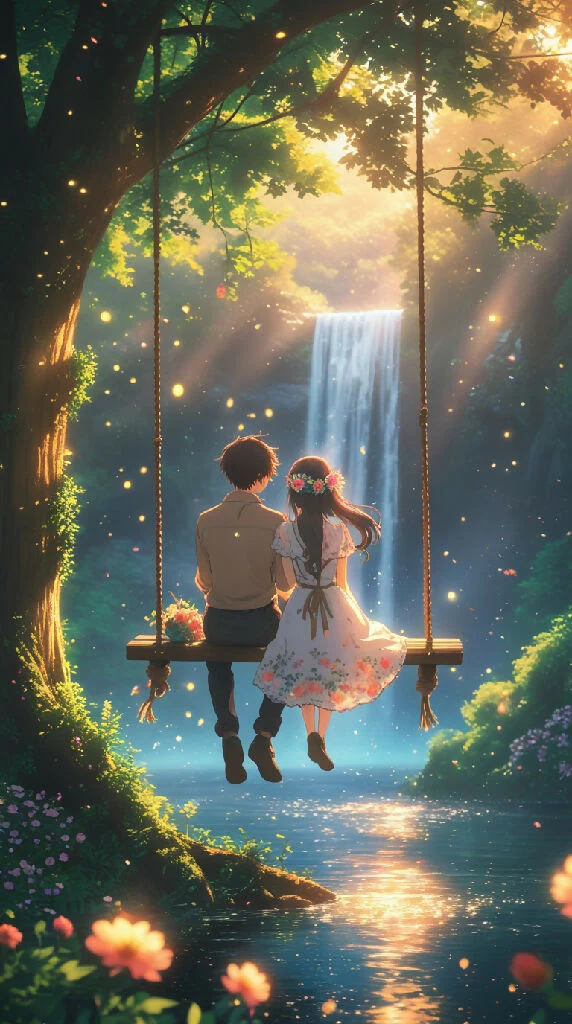 A dreamy romantic anime-style scene of a cou