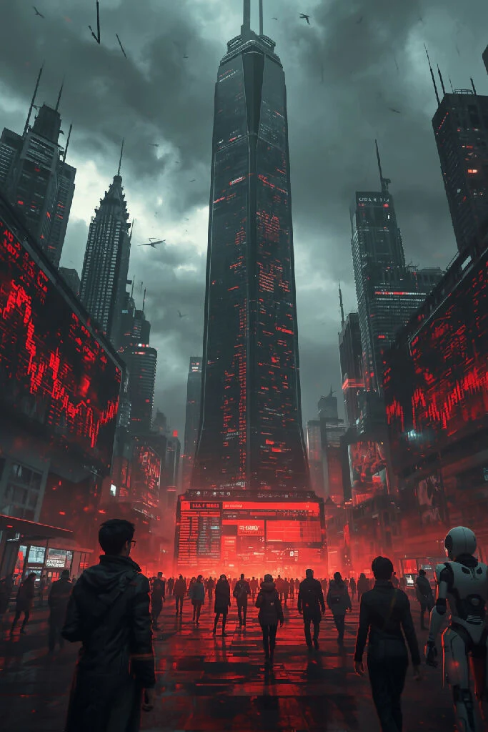 A dystopian digital painting representing a future global financial crash: a modern city skyline with futuristic skyscrapers, giant digital stock market screens turning red with numbers collapsing, people in modern clothes looking worried, robots and AI s
