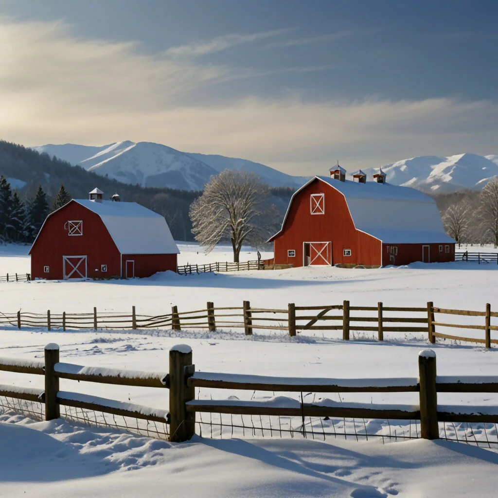 A farm with snow-covered barns, fences, and fields