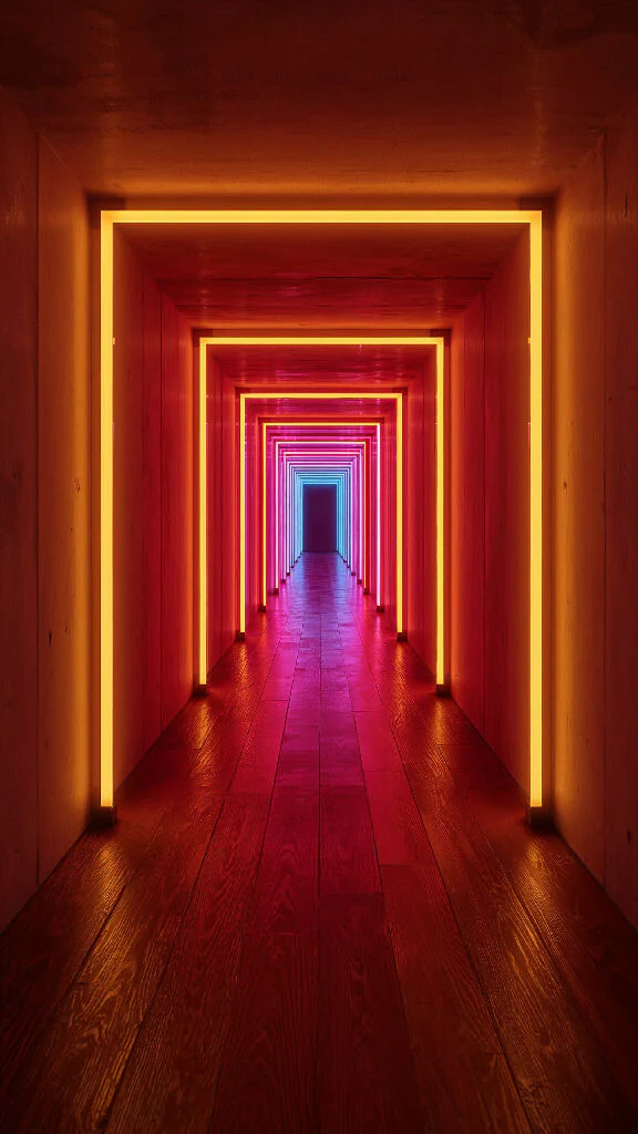 A futuristic endless hallway with glowing neon light frames in perspective