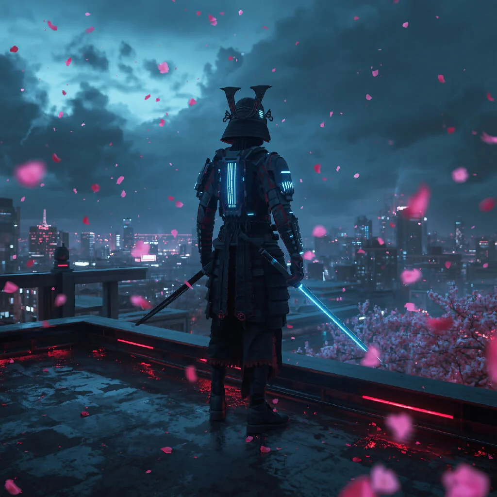 A futuristic samurai warrior standing on a neon-lit rooftop at night