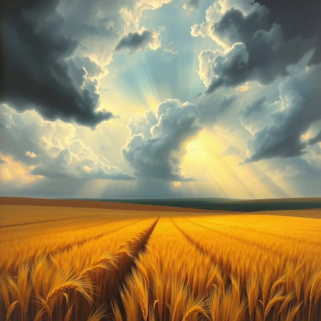A golden wheat field under stormy skies