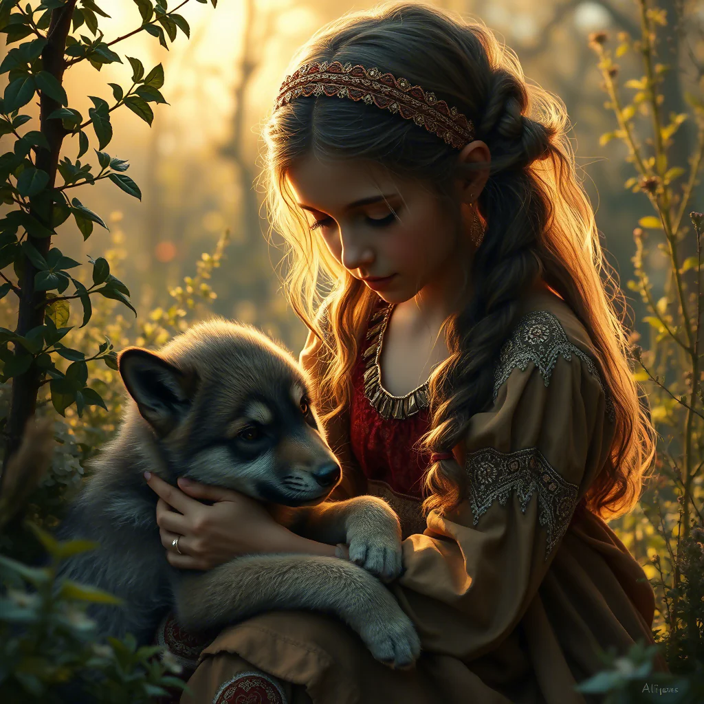 A gypsy girl and a little wolf