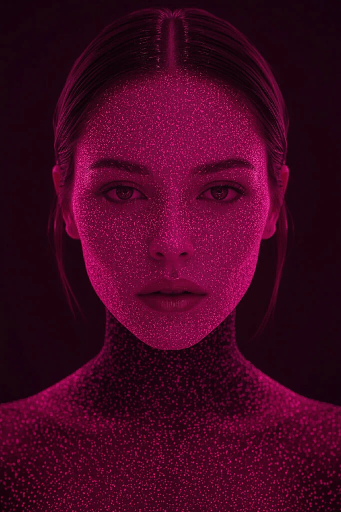 A hauntingly vibrant magenta-hued virtual influencer