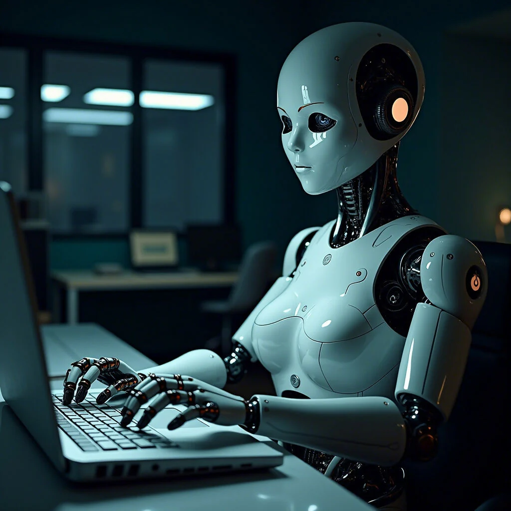 A humanoid at a futuristic workplace