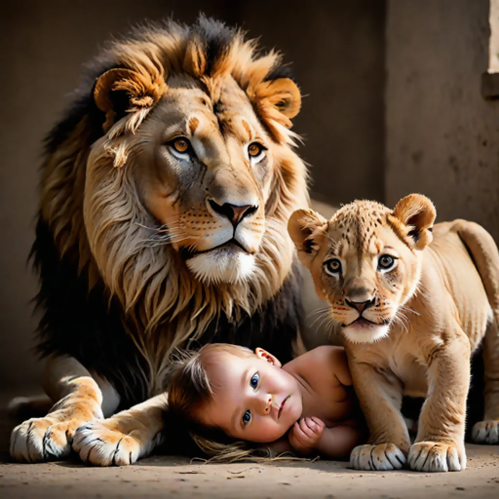 A lost baby growup with a lion