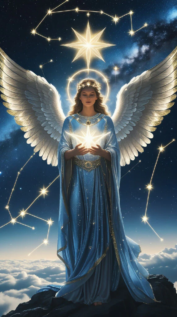 A luminous celestial angel robed in silver and midnight blue