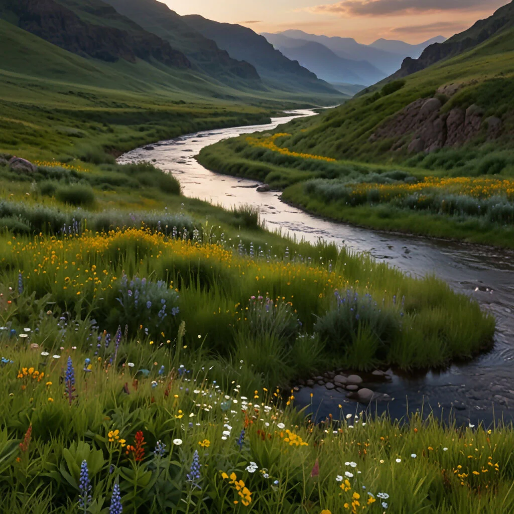 A lush green valley with a winding river and wildflowers in bloom