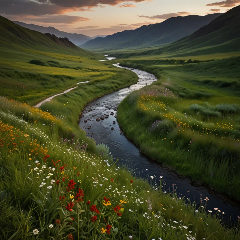A lush green valley with a winding river and wildflowers in bloom - Image 2