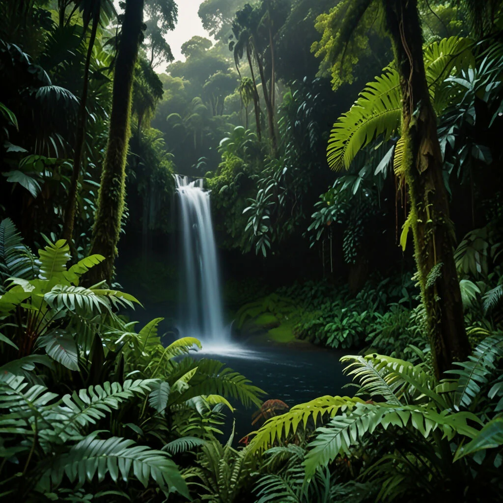 A lush rainforest with towering trees, dense foliage, and a cascading waterfall 1