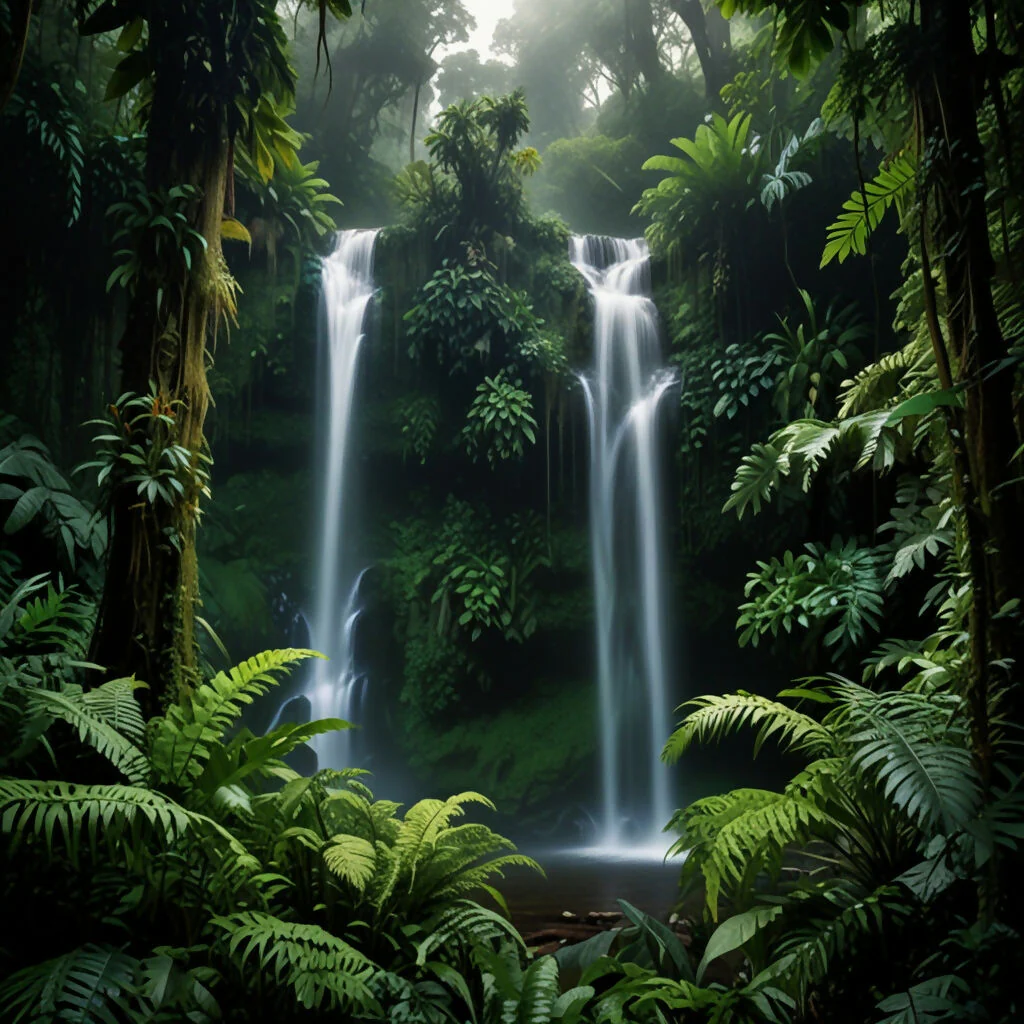 A lush rainforest with towering trees, dense foliage, and a cascading waterfall 2