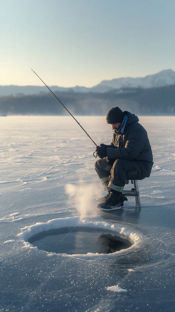 A man ice fishing on a frozen lake, wearing thick winter clothing, sitting on a small stool beside a drilled ice hole, holding a fishing rod with the line going into the hole. Surrounding him is a vast snowy landscape with distant snowy mountains. His bre