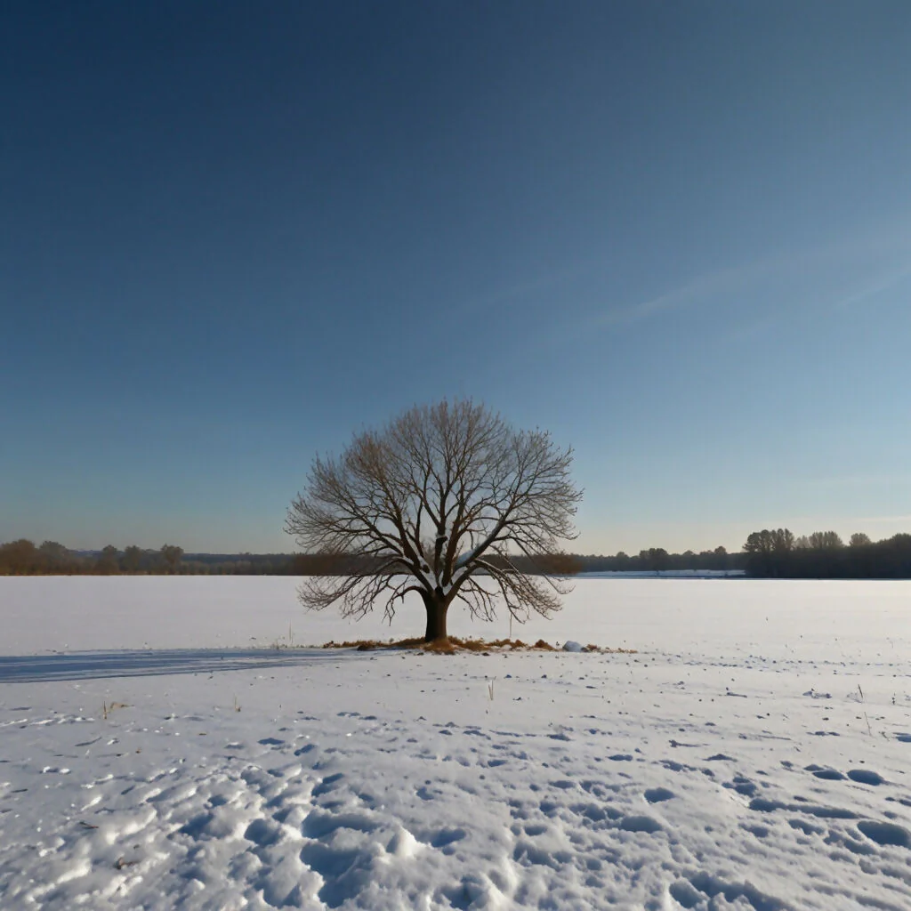 A meadow covered in snow with a few bare trees and a clear blue sky