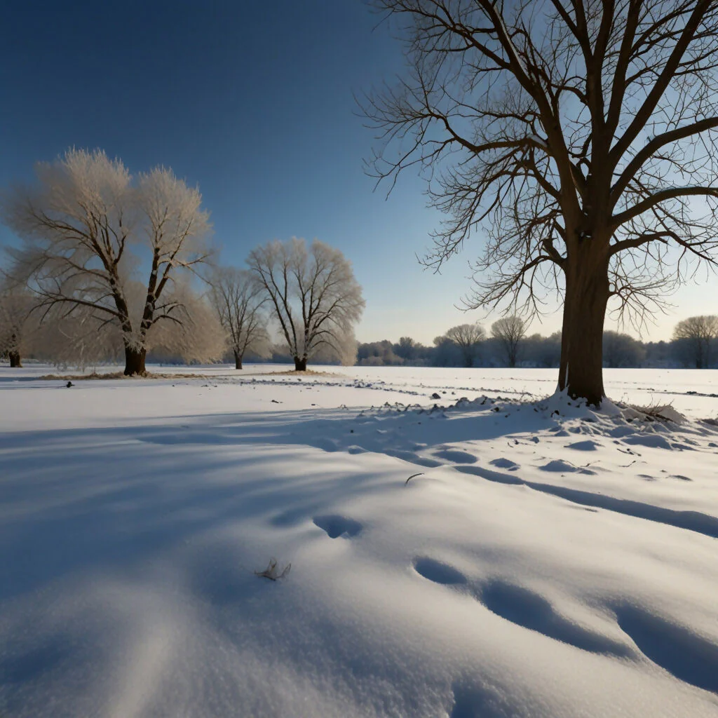 A meadow covered in snow with a few bare trees and a clear blue sky - Image 2
