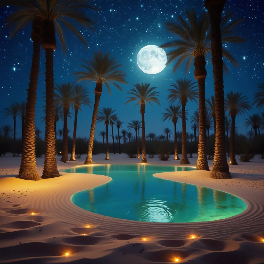 A moonlit desert oasis date palms surrounding a glowing pool 2