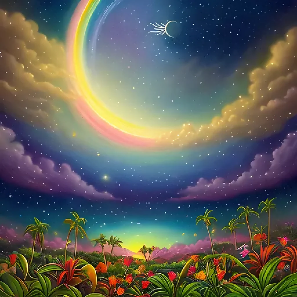 A night painting of an abstract ethereal semi - transparent irridecent tropical paradise at night in the style of Jane Crowther, rainbow lighting impressive skies