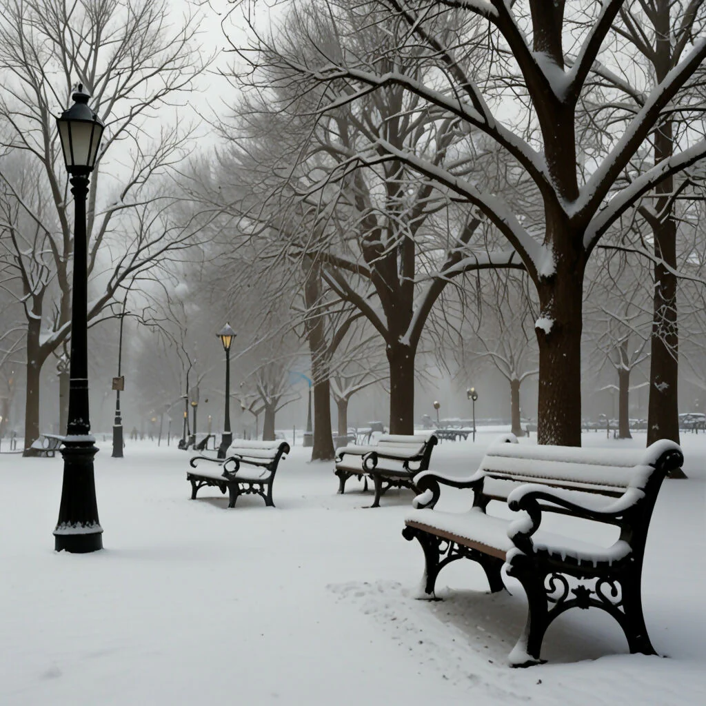 A park with snow-covered benches, lampposts, and trees - Image 2