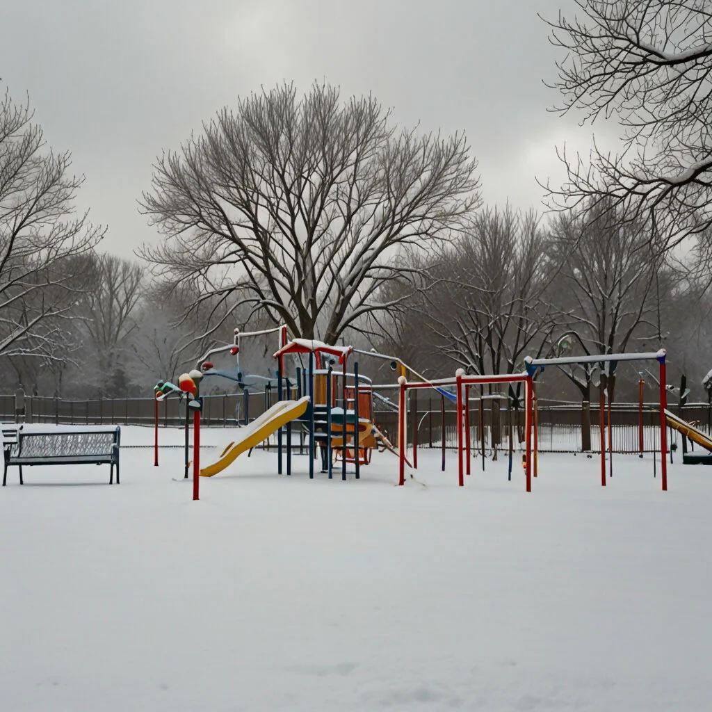 A park with snow-covered playground equipment and trees