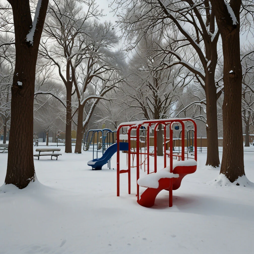 A park with snow-covered playground equipment and trees - Image 2