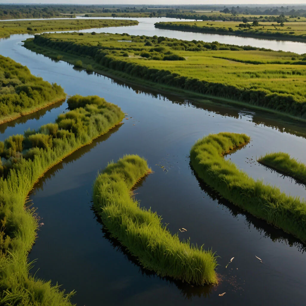 A peaceful river delta with winding waterways, lush green vegetation, and abundant birdlife 2