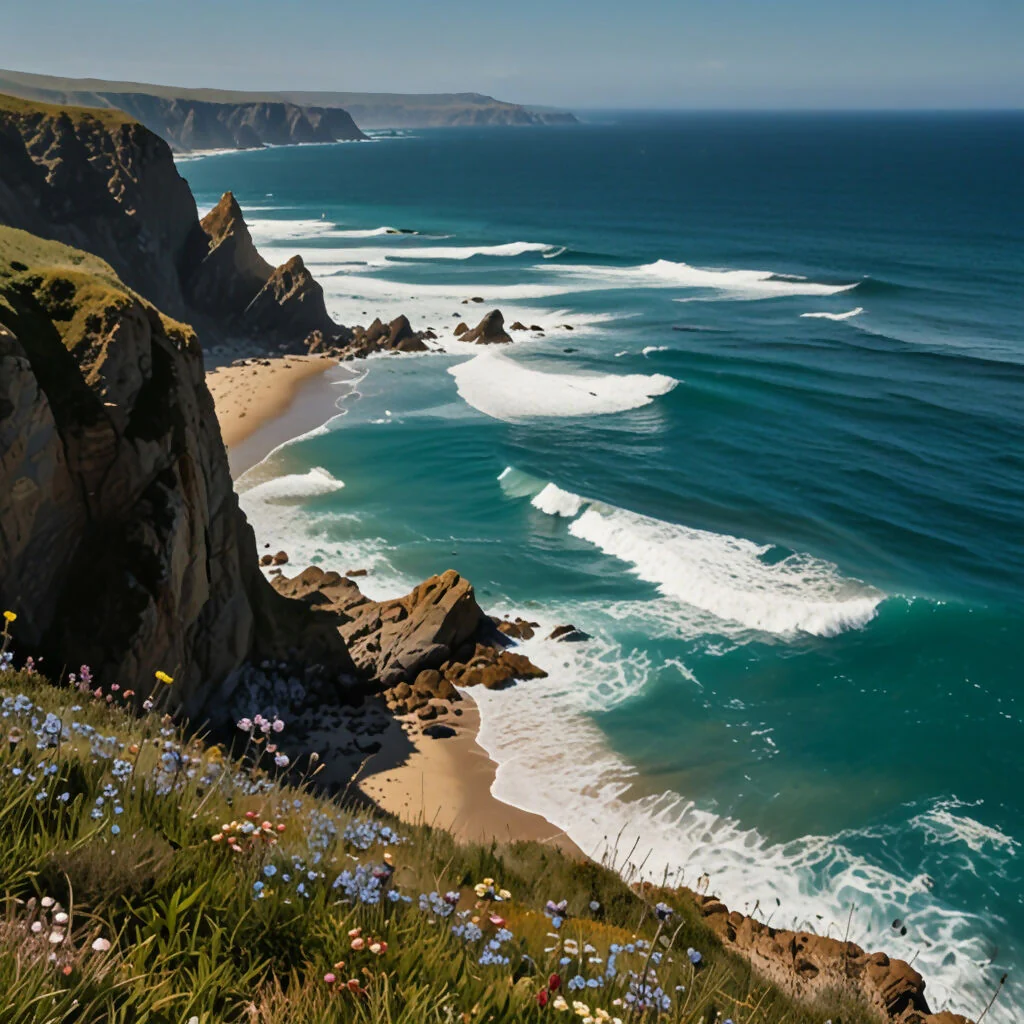 A picturesque coastal scene with rugged cliffs overlooking a turquoise ocean