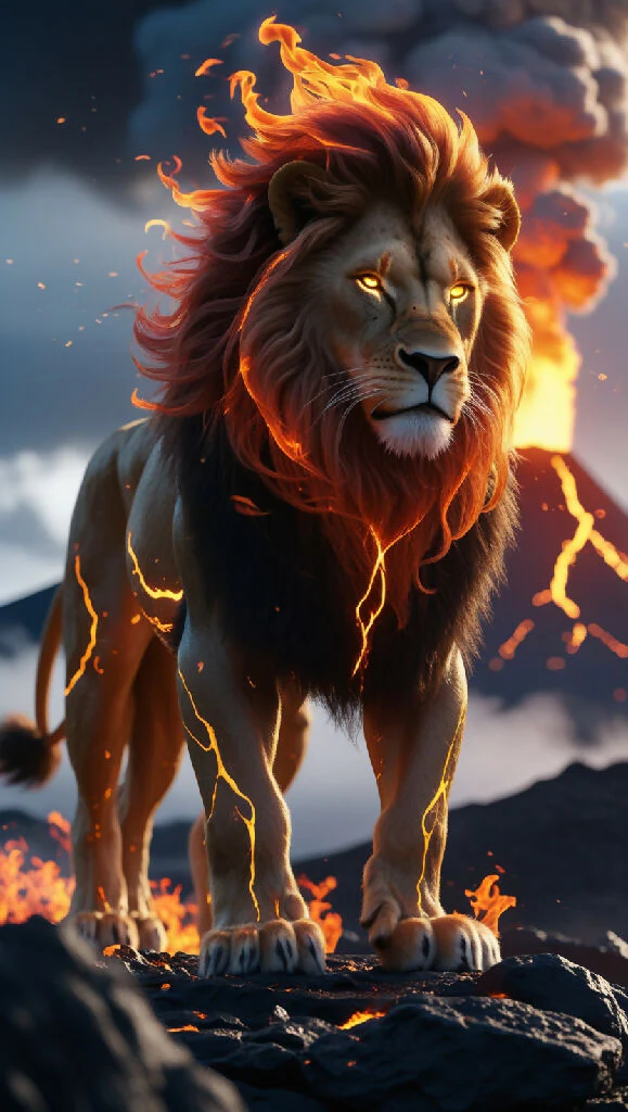 A powerful lion with a flaming mane