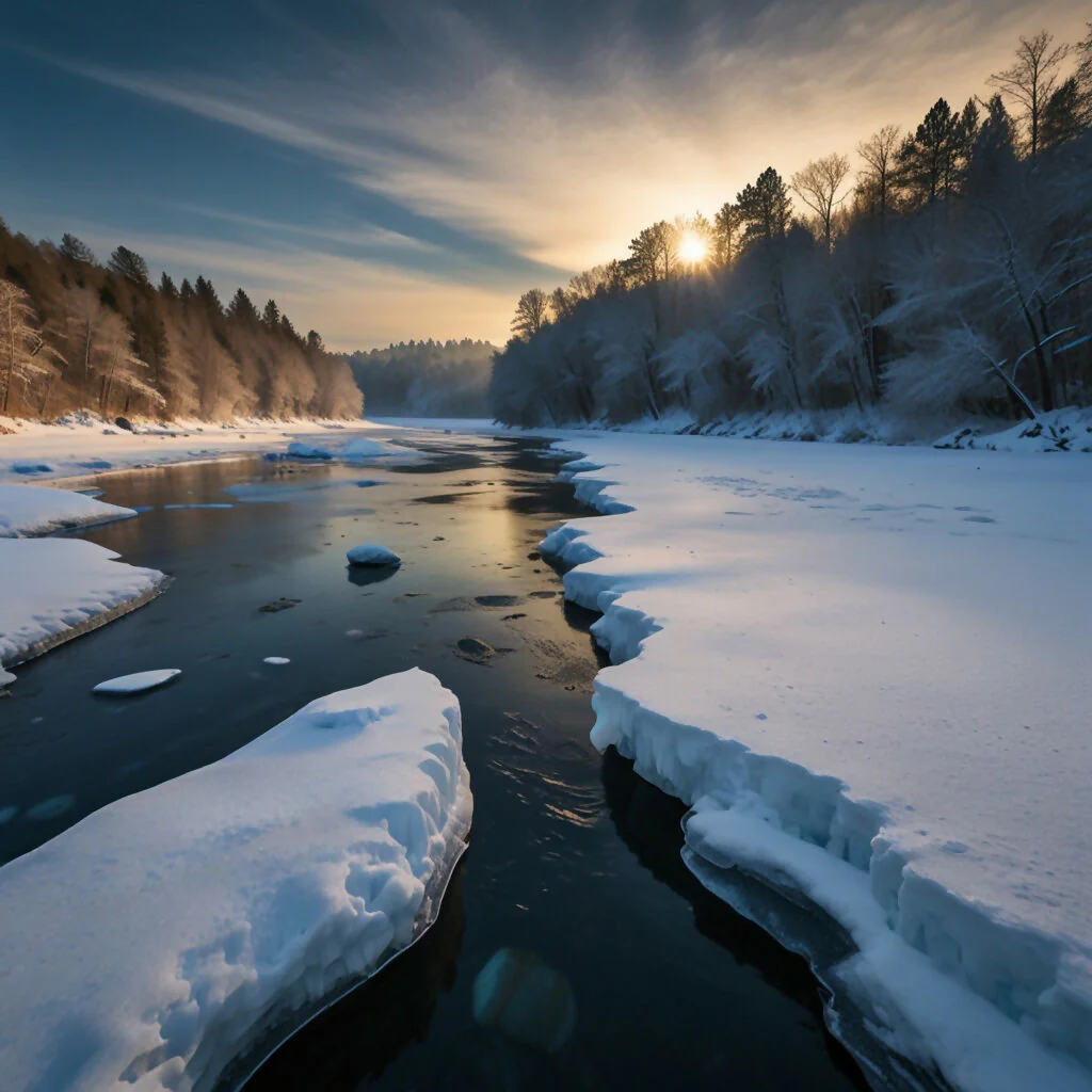 A river partially frozen with ice formations along the banks