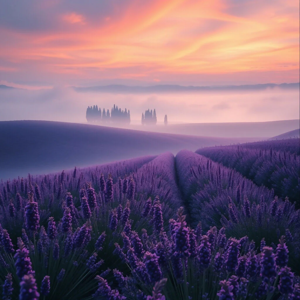 A rolling lavender field at dusk