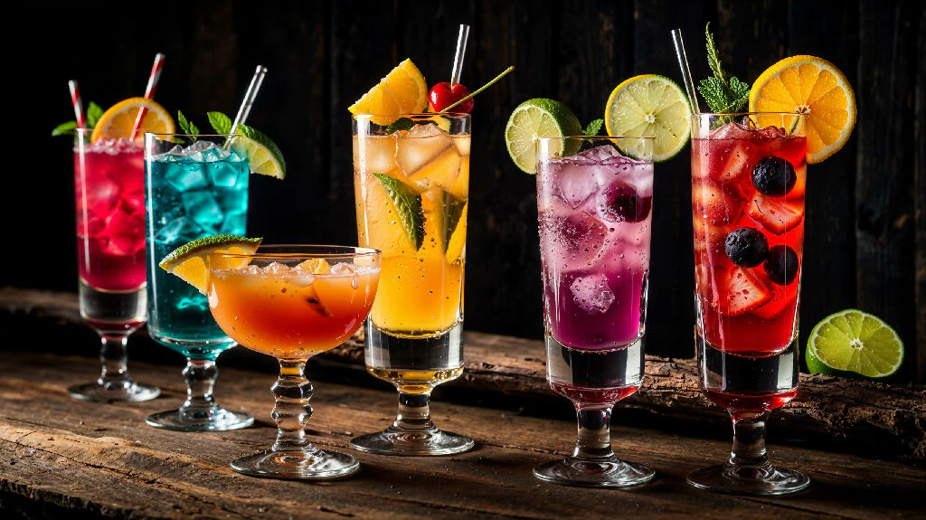 A row of colorful cocktails on a old wooden bar
