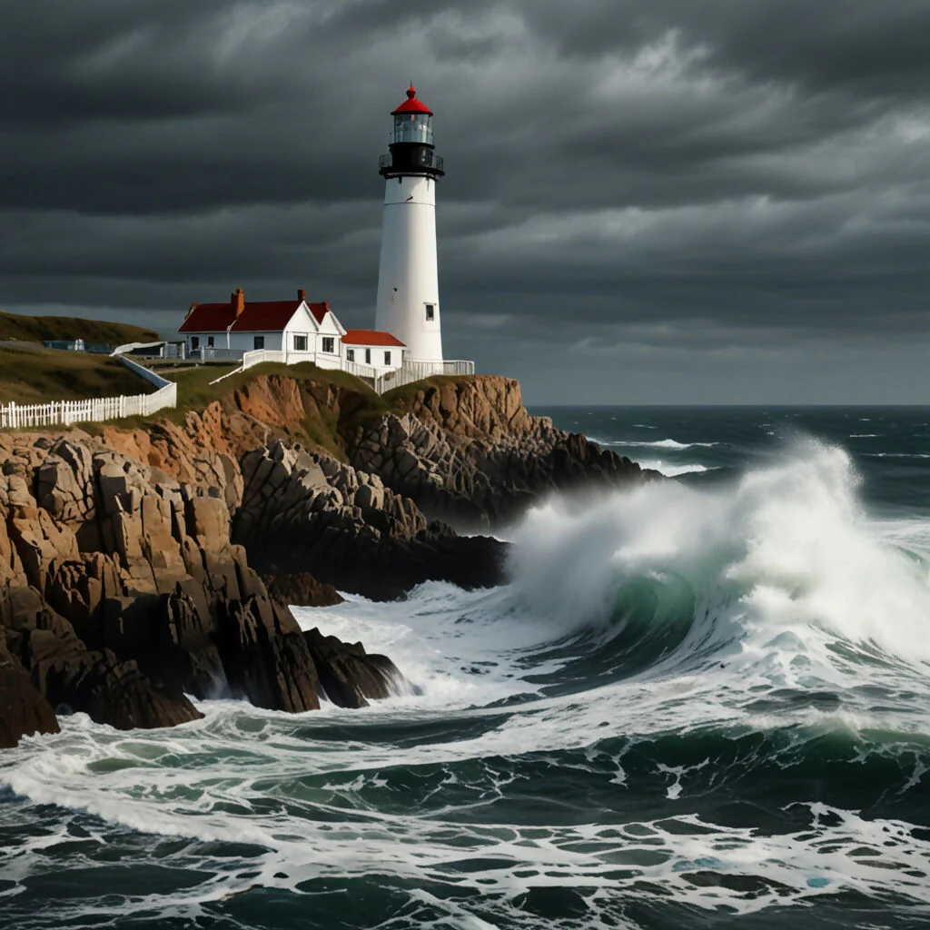 A rugged coastal scene with waves crashing against dramatic cliffs and a lighthouse standing tall 1