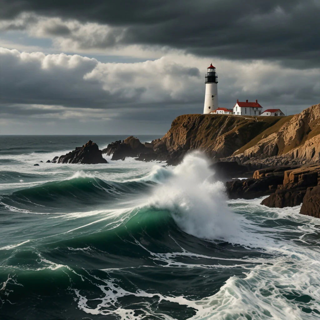 A rugged coastal scene with waves crashing against dramatic cliffs and a lighthouse standing tall 2
