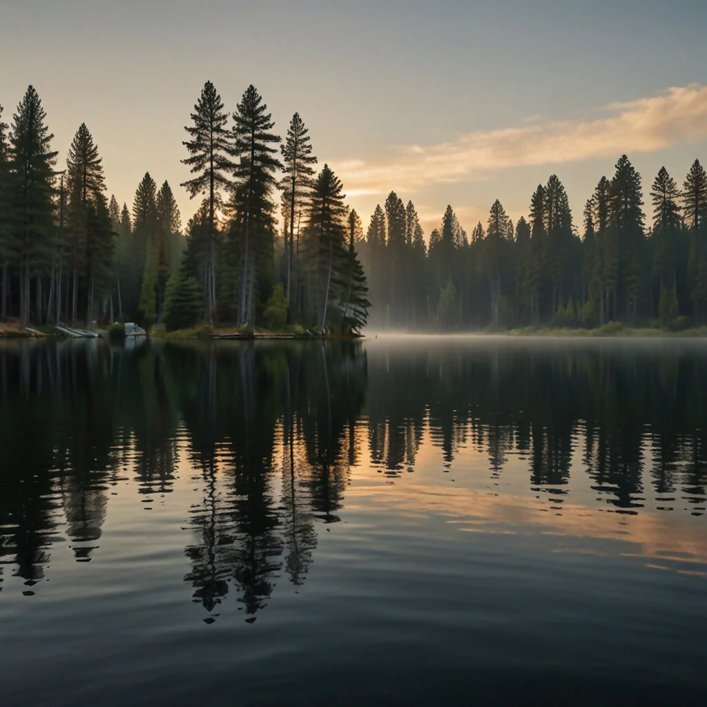 A serene lake surrounded by towering pine trees at sunrise