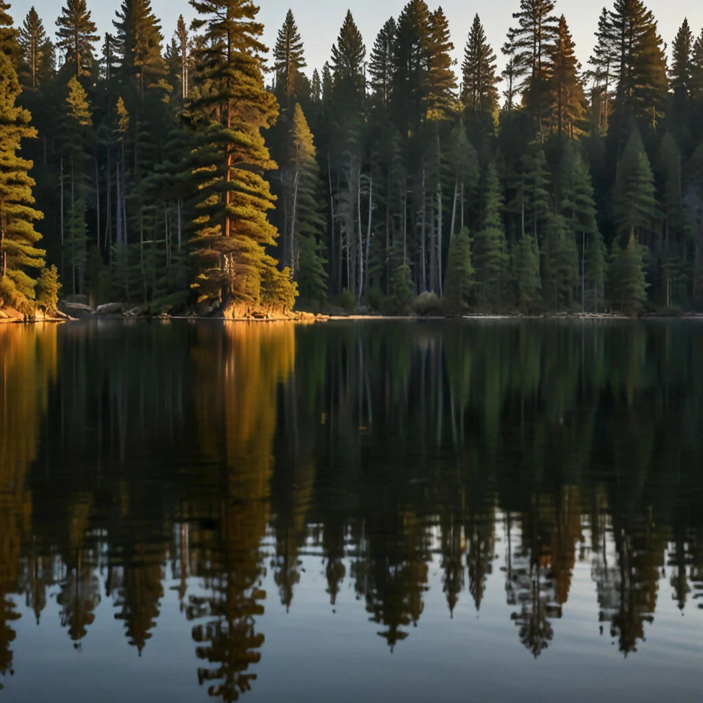 A serene lake surrounded by towering pine trees at sunrise - Image 2
