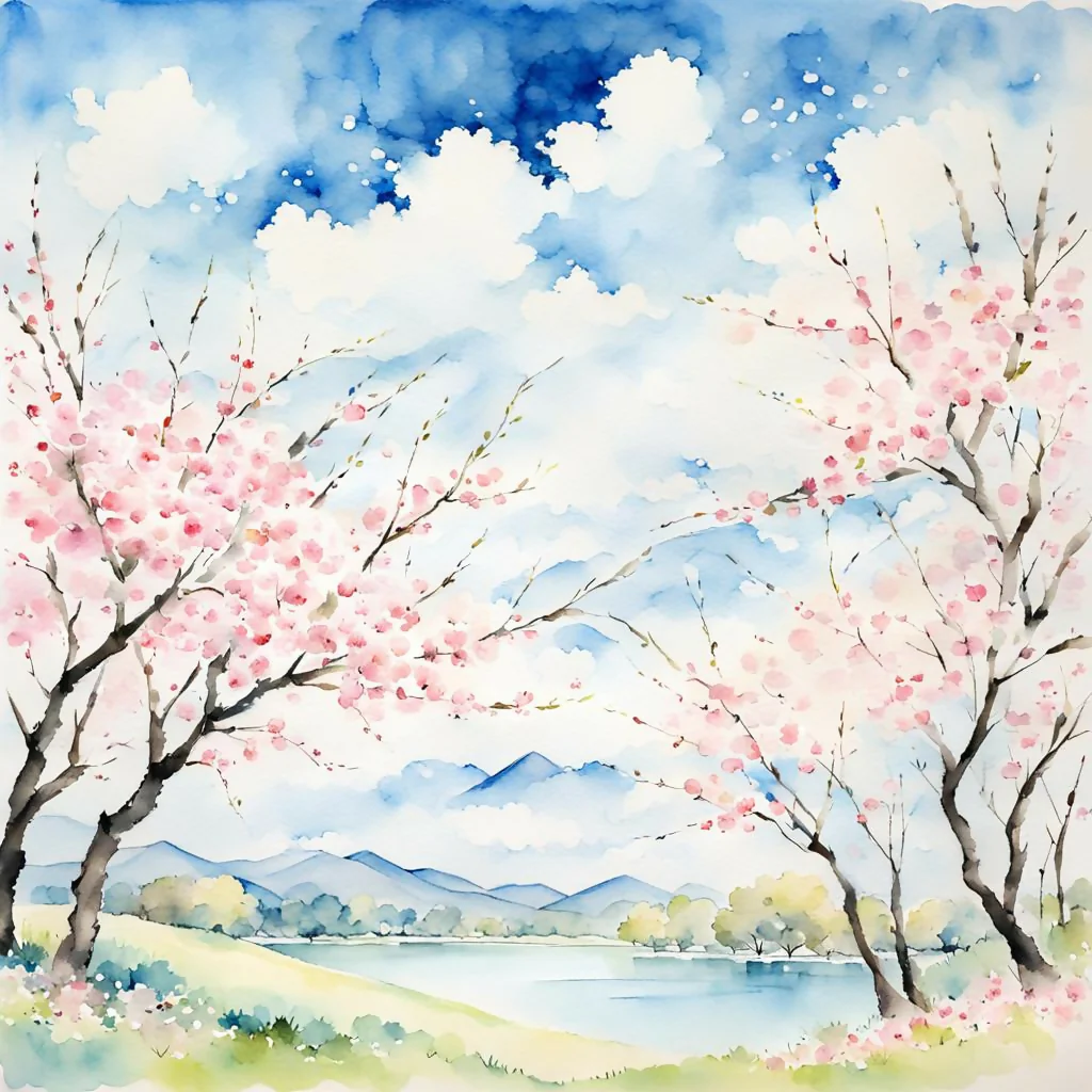 A serene landscape with cherry trees in full bloom