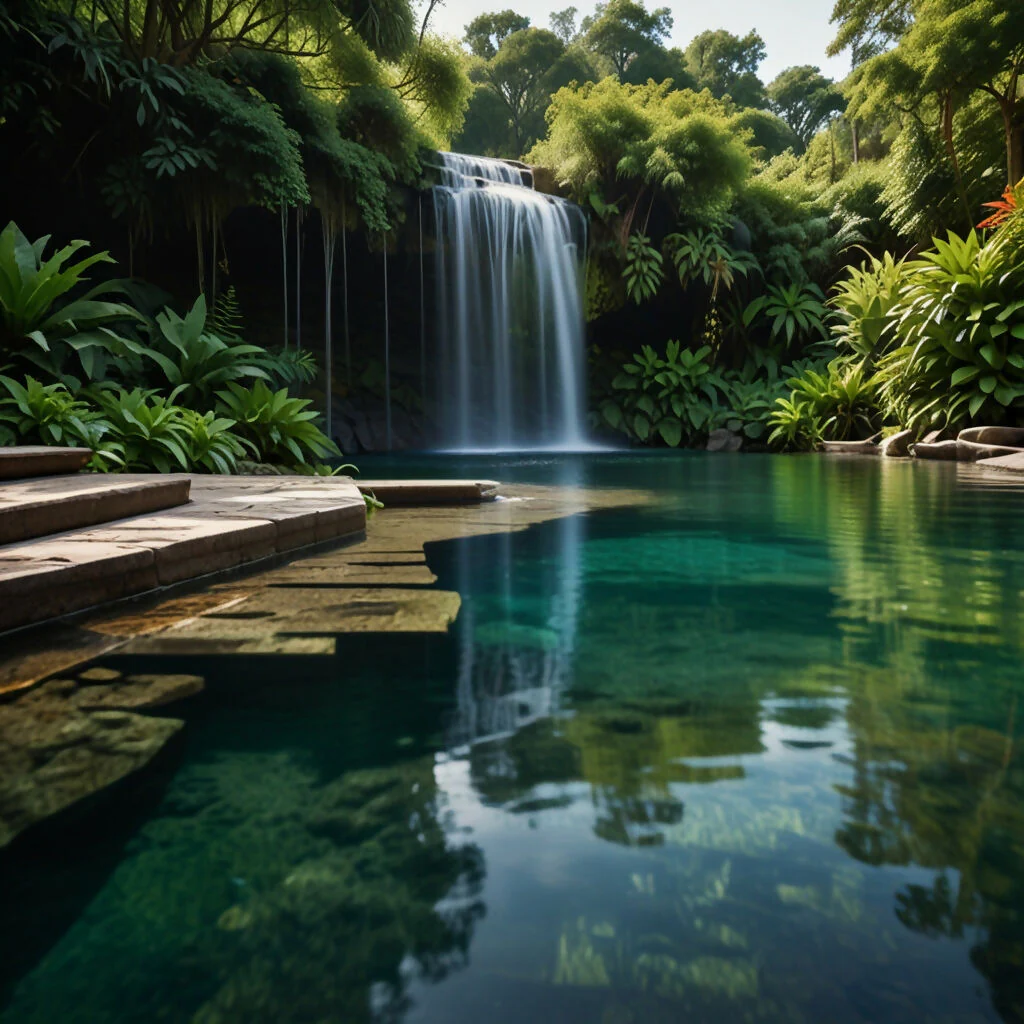 A serene waterfall cascading into a crystal-clear pool surrounded by lush greenery 2